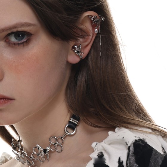 Gothic Butterfly Clip-On Earrings with Black Crystal Waterdrop Tassel