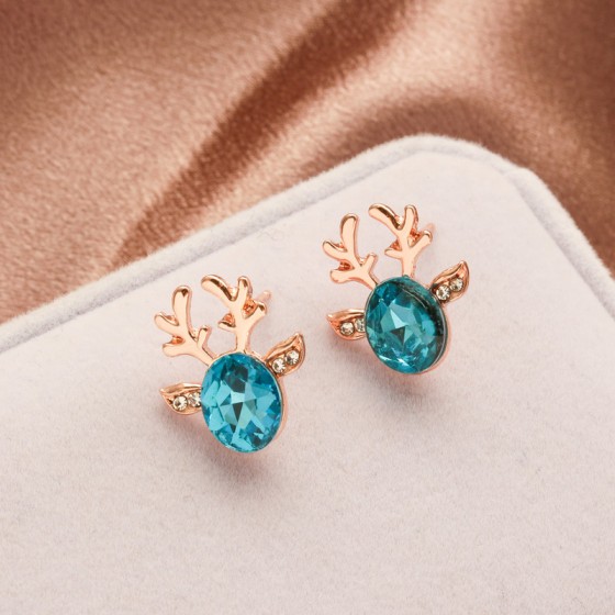 Cartoon Deer Antler Stud Earrings with Zircon Crystal for Women
