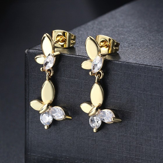 Gold Butterfly Drop Earrings with Zircon Accents for Women