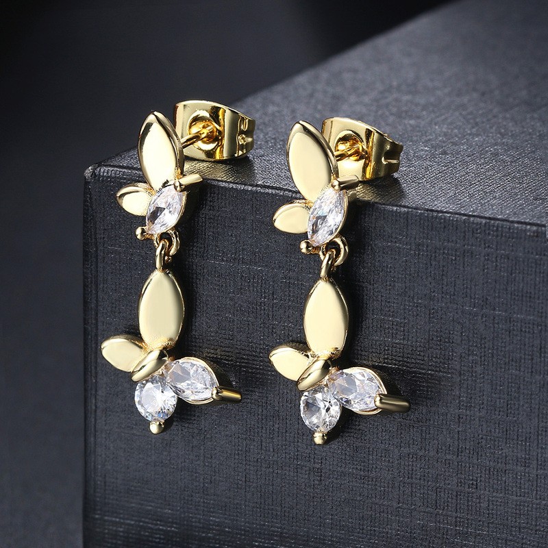 Gold Butterfly Drop Earrings with Zircon Accents for Women