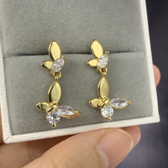 Gold Butterfly Drop Earrings with Zircon Accents for Women