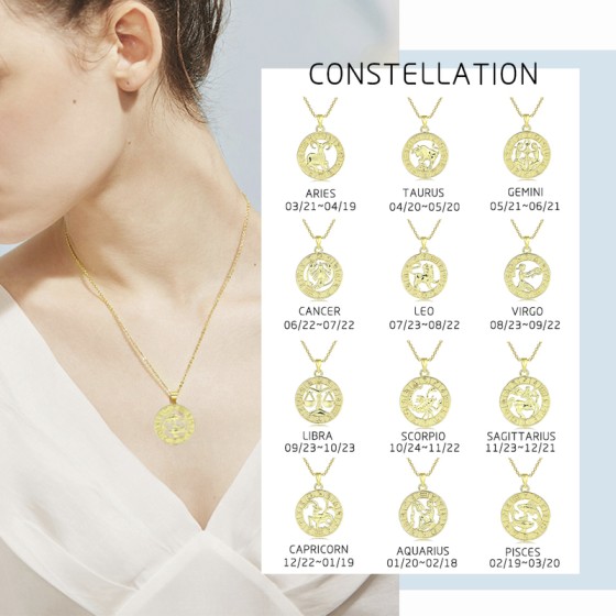 12 Constellation Zodiac Sign Gold Pendant Necklace for Women