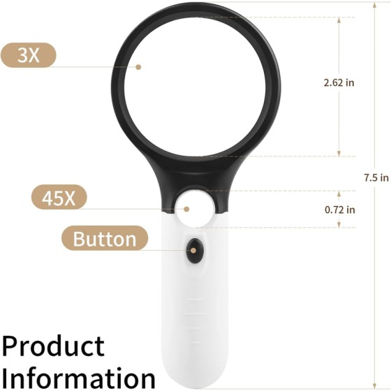 45X Handheld Magnifying Glass with 3 LED Lights for Reading and Jewelry